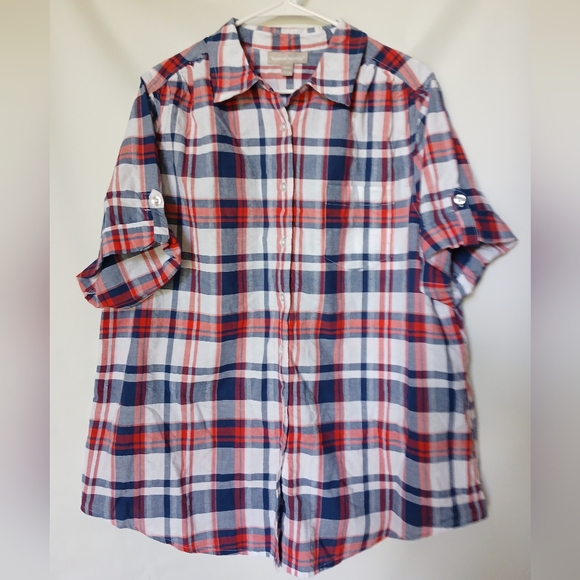 Woman Within Tops - Women Within Top Size L 18/20 Color Red White Blue Plaid